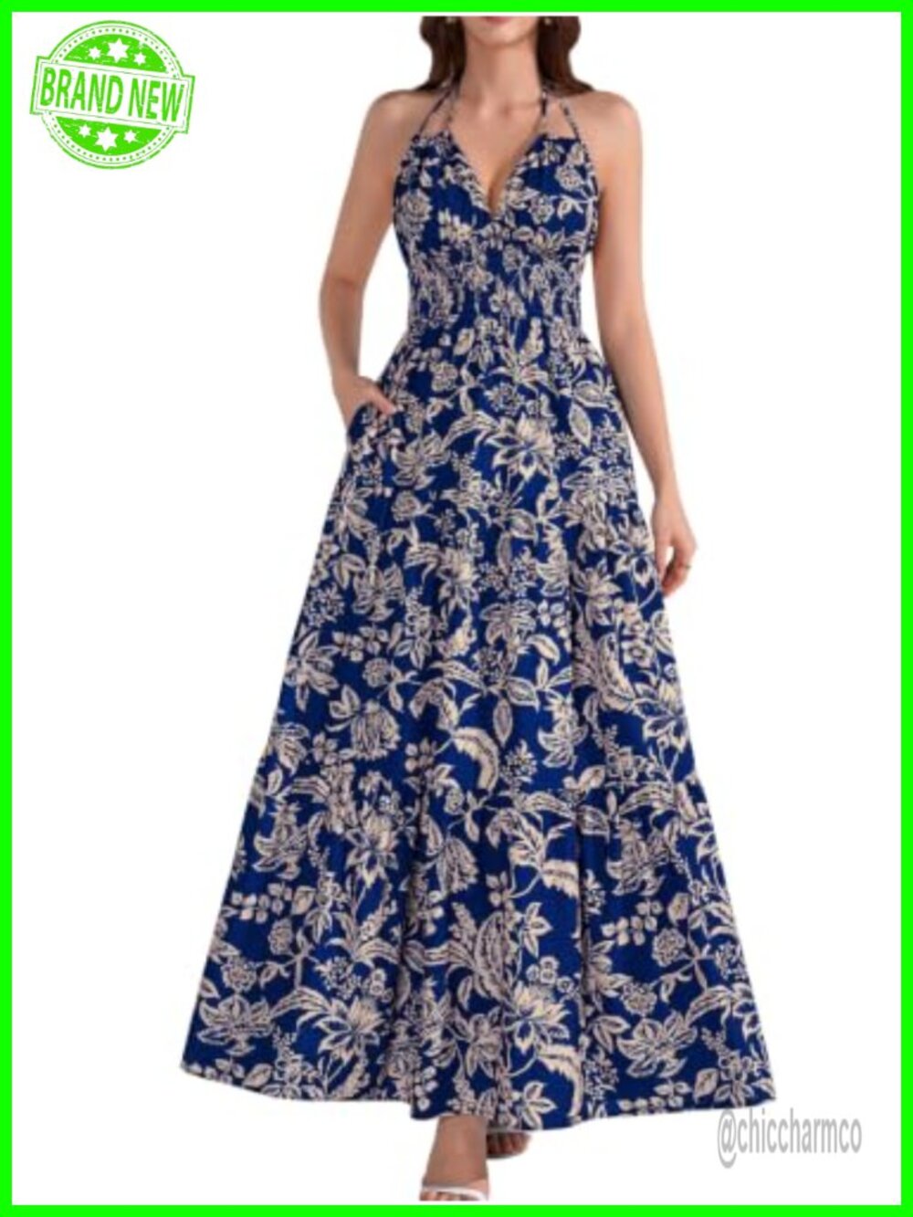 Boho Floral Halter Maxi Dress Smocked Backless Sundress
